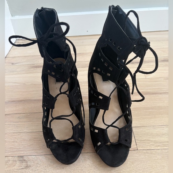 Black Lace-Up Suede Heels - Picture 1 of 4